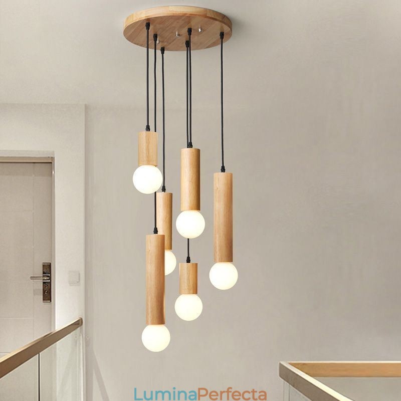 Lampă suspendată din lemn japonez cu 6 lumini