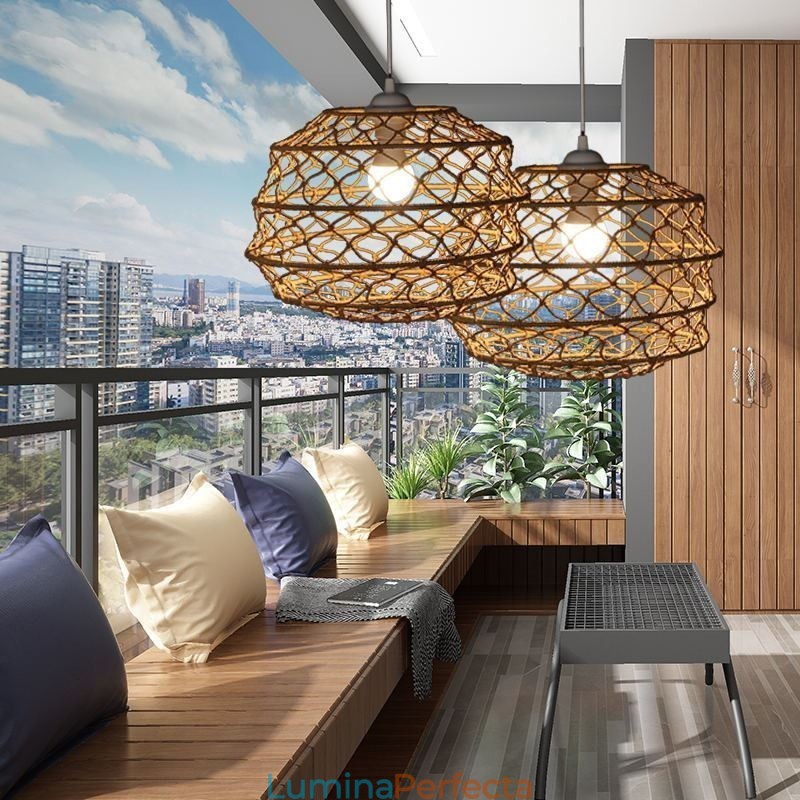 Lampă suspendată modernă pastorală, creativ din ratan, cu abajur pliabil