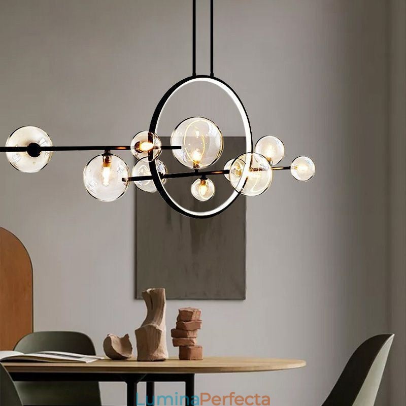 Candelabru modern din metal cu bule de sticlă transparentă