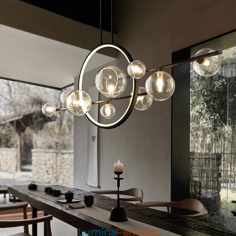 Candelabru modern din metal cu bule de sticlă transparentă