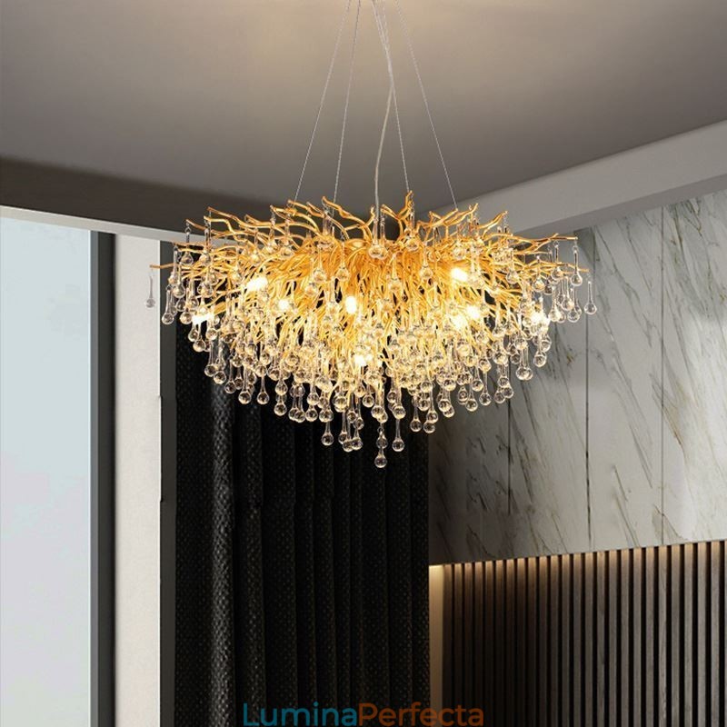 Candelabru Nordic Cristal Floare Abajur Rotund Lumină suspendată din aur de lux