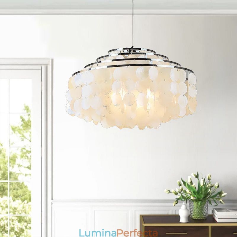 Candelabru modern cu picături de ploaie, abajur albă, iluminat de tavan