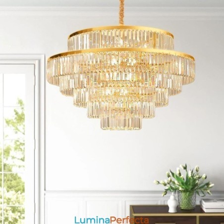 Lumină suspendată din cristal auriu Lampă de tavan cu 5 niveluri 7 lumini Lumină suspendată din cristal auriu Lampă de tavan cu 5 niveluri 7 lumini
