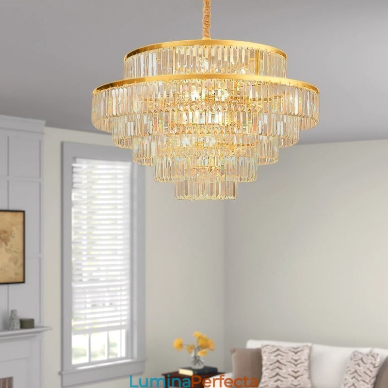 Lumină suspendată din cristal auriu Lampă de tavan cu 5 niveluri 7 lumini