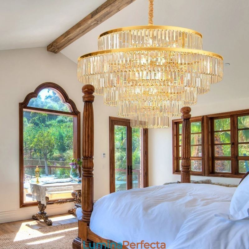 Lumină suspendată din cristal auriu Lampă de tavan cu 5 niveluri 7 lumini