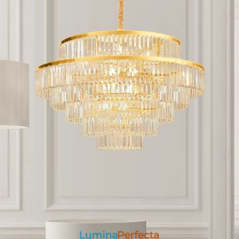 Lumină suspendată din cristal auriu Lampă de tavan cu 5 niveluri 7 lumini