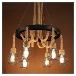 Candelabru din frânghie de cânepă cu 6 capete în stil retro cu abajur din fier