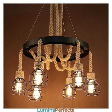 Candelabru din frânghie de cânepă cu 6 capete în stil retro cu abajur din fier Candelabru din frânghie de cânepă cu 6 capete în stil retro cu abajur din fier