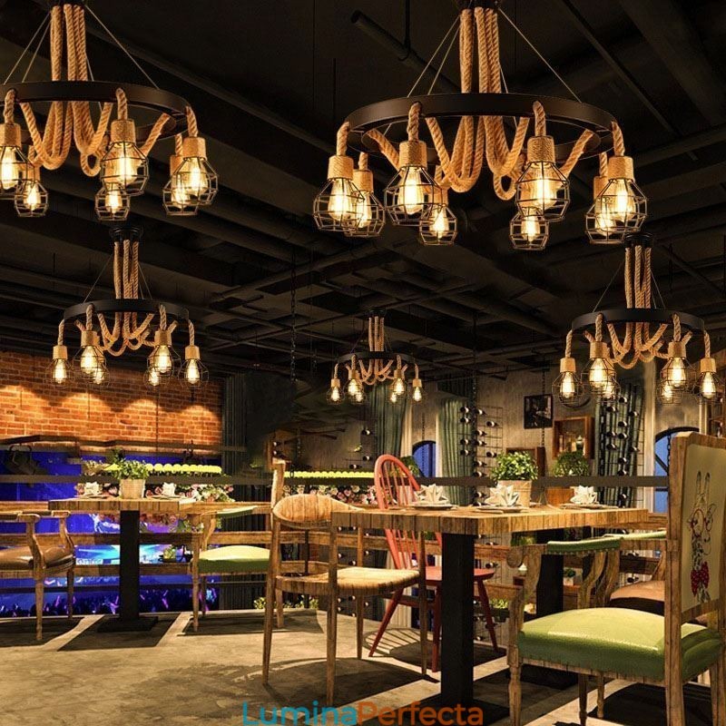 Candelabru din frânghie de cânepă cu 6 capete în stil retro cu abajur din fier