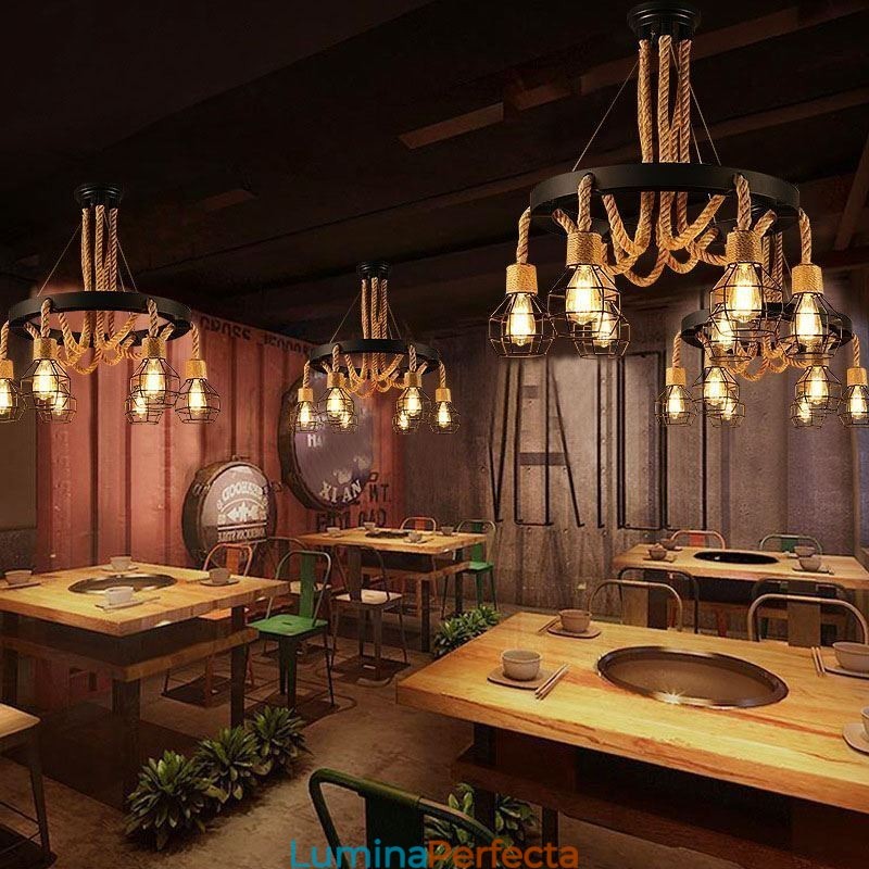 Candelabru din frânghie de cânepă cu 6 capete în stil retro cu abajur din fier