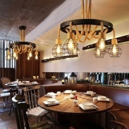 Candelabru din frânghie de cânepă cu 6 capete în stil retro cu abajur din fier