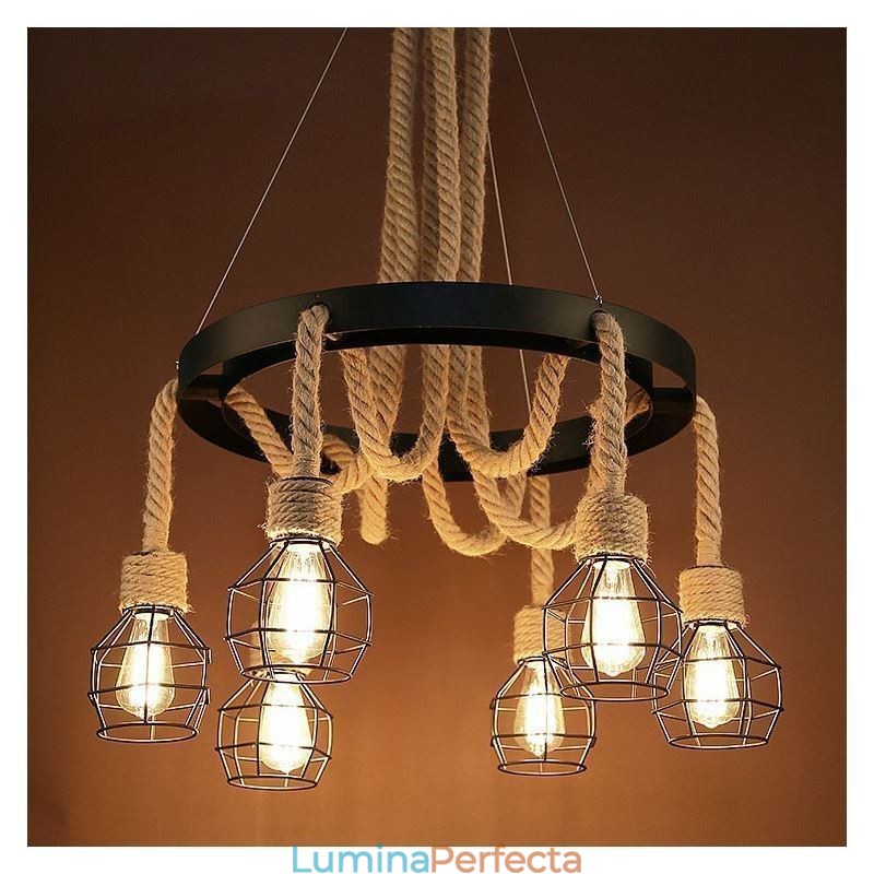 Candelabru din frânghie de cânepă cu 6 capete în stil retro cu abajur din fier