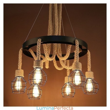 Candelabru din frânghie de cânepă cu 6 capete în stil retro cu abajur din fier Candelabru din frânghie de cânepă cu 6 capete în stil retro cu abajur din fier