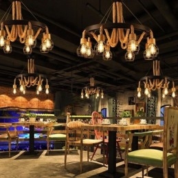 Candelabru din frânghie de cânepă cu 6 capete în stil retro cu abajur din fier
