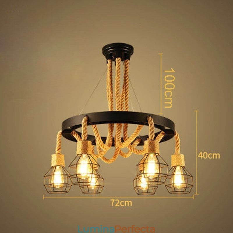 Candelabru din frânghie de cânepă cu 6 capete în stil retro cu abajur din fier
