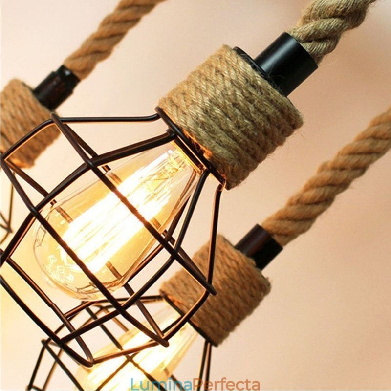 Candelabru din frânghie de cânepă cu 6 capete în stil retro cu abajur din fier
