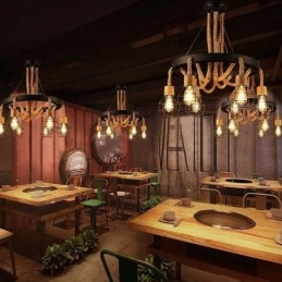 Candelabru din frânghie de cânepă cu 6 capete în stil retro cu abajur din fier