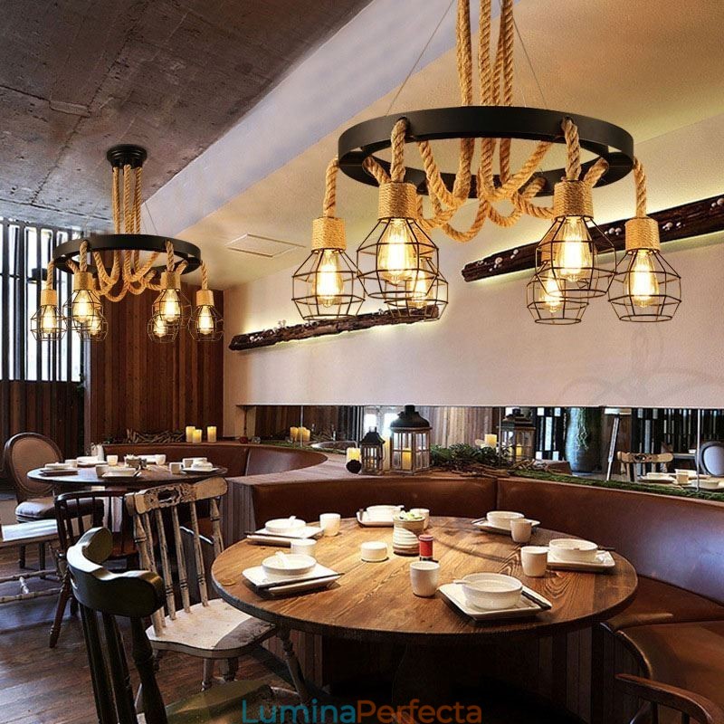 Candelabru din frânghie de cânepă cu 6 capete în stil retro cu abajur din fier