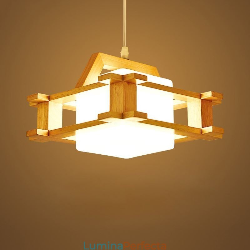 Lampă suspendată din stejar în stil nordic cu abajur din sticlă mată Cafe