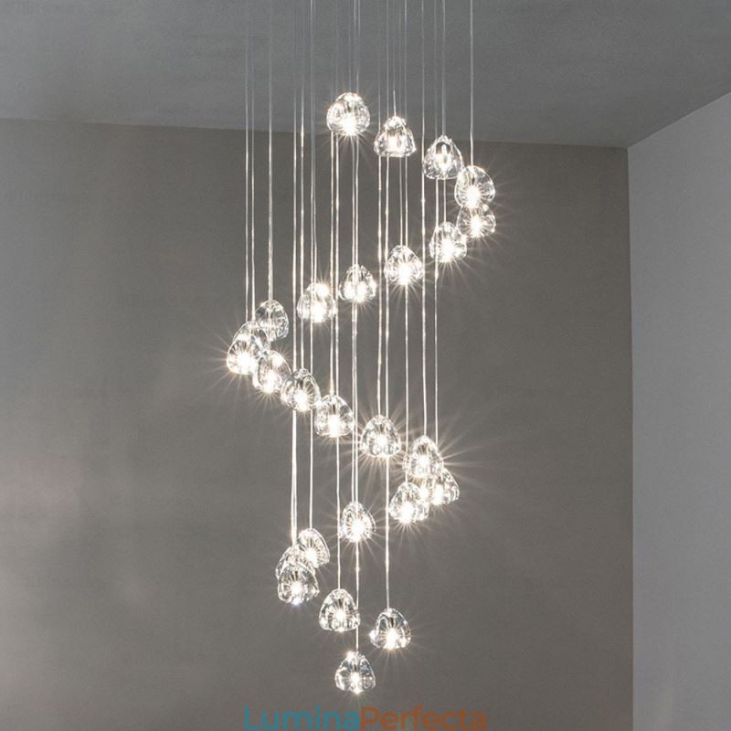 Lampă suspendată modernă cu cristale, abajur unic de cristal, scară duplex