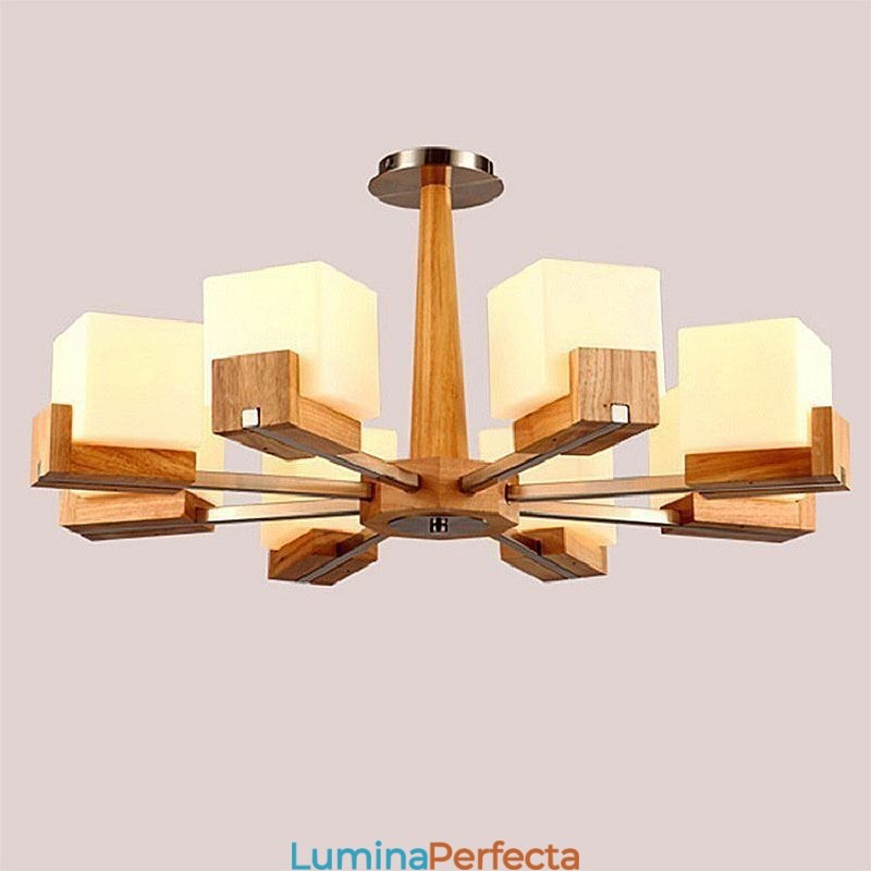 Candelabru nordic din lemn cu abajur din sticlă