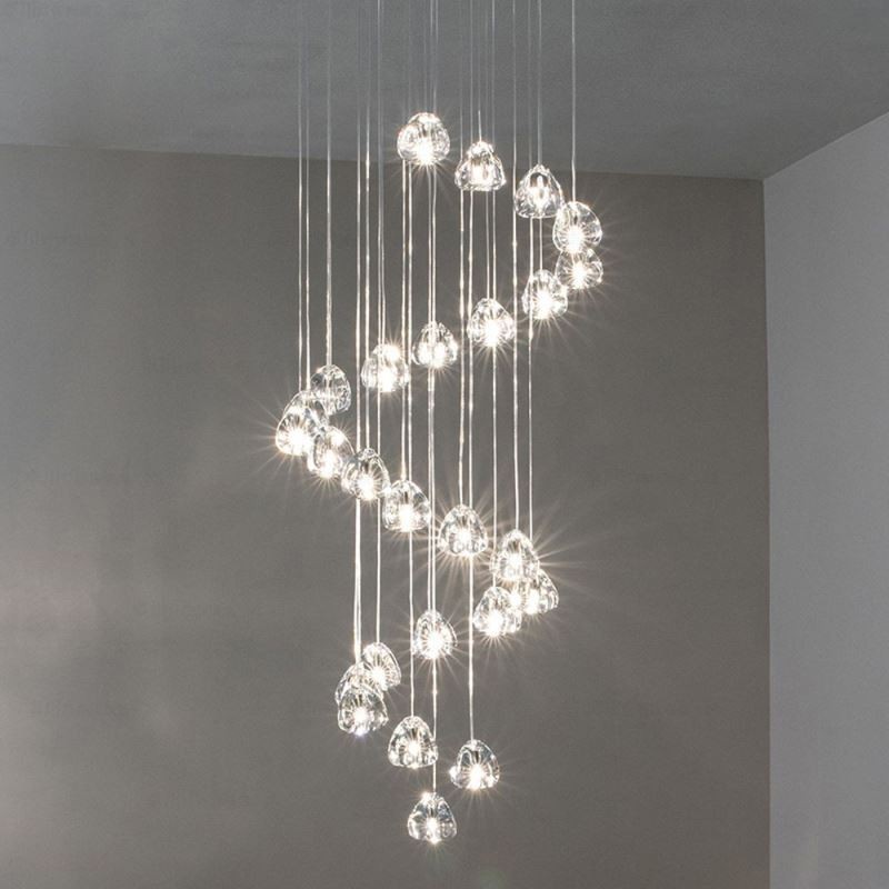 Lampă suspendată modernă cu cristale, abajur unic de cristal, scară duplex