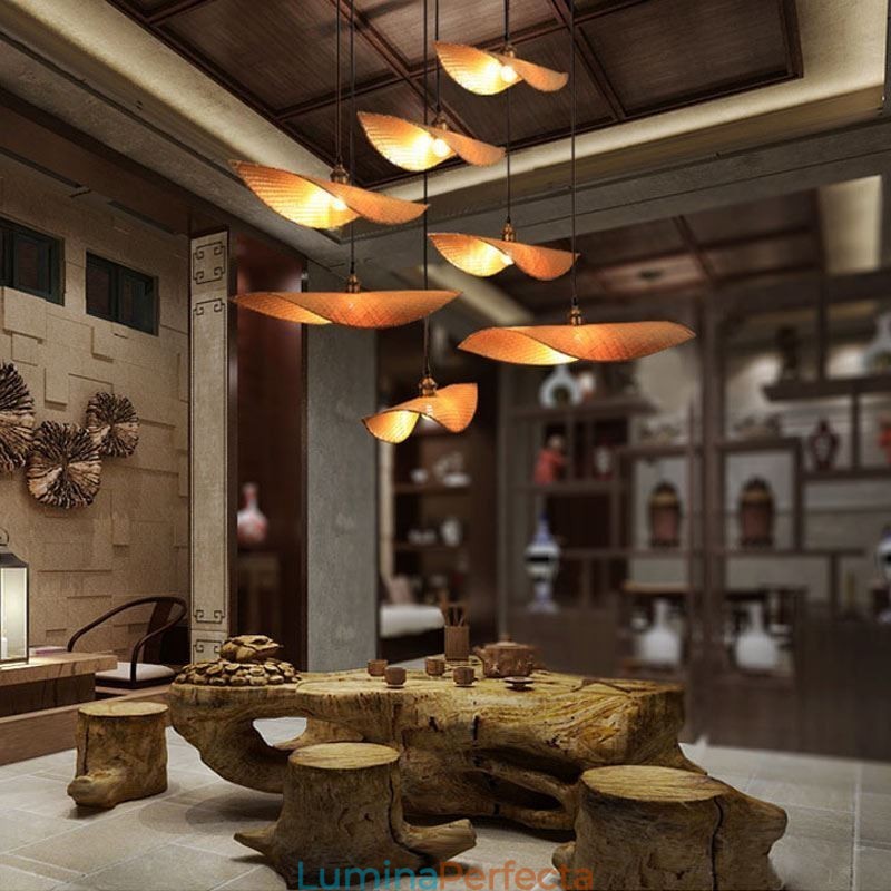 Creative Leaf Pendant Lampă contemporană din bambus Pendant Tearoom Lighting