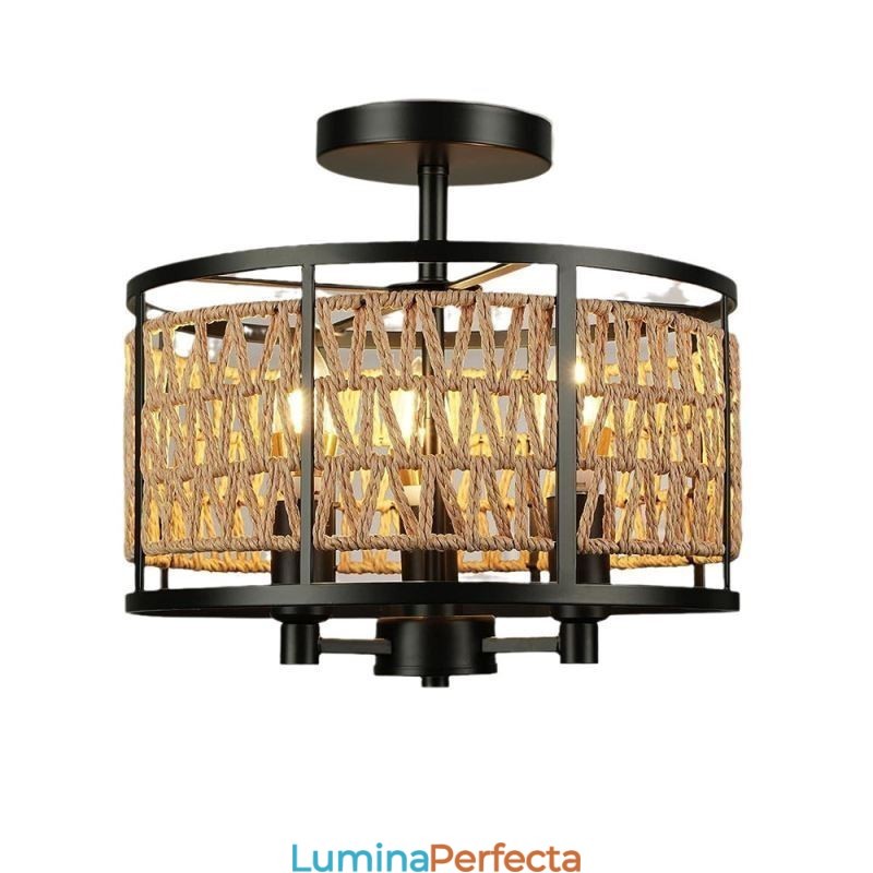 Plafoniera Retro Negru Fier Hartie Corda Plafoniera 3 Lumini