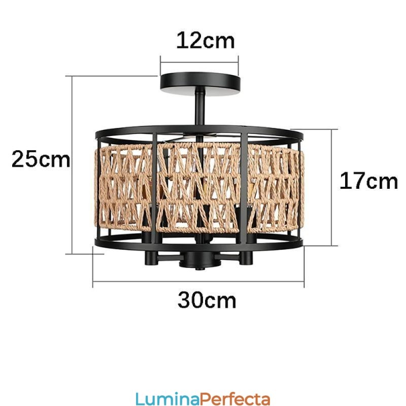 Plafoniera Retro Negru Fier Hartie Corda Plafoniera 3 Lumini