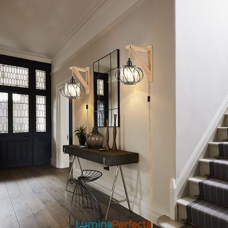 Plafoniera Retro Country Cânepă Funie Fier Pendant Noptieră Cu ștecher