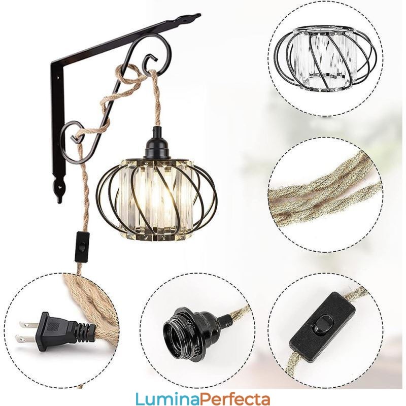 Plafoniera Retro Country Cânepă Funie Fier Pendant Noptieră Cu ștecher