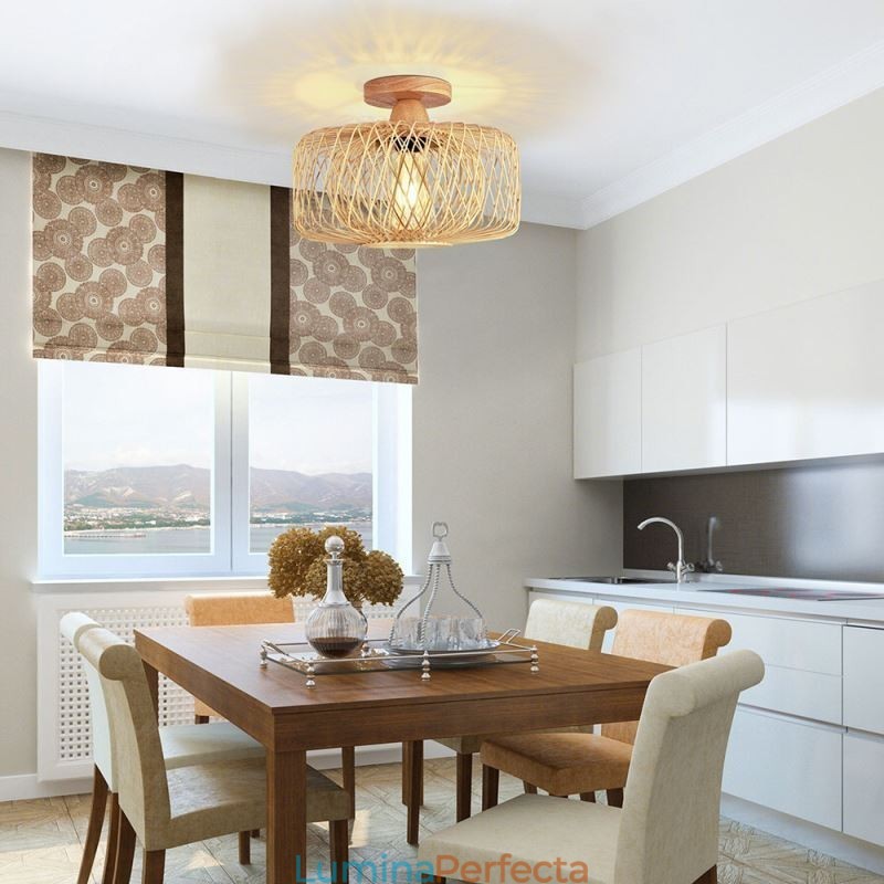 Plafoniera retro cu două straturi Plafoniera cu abajur din bambus țesut manual