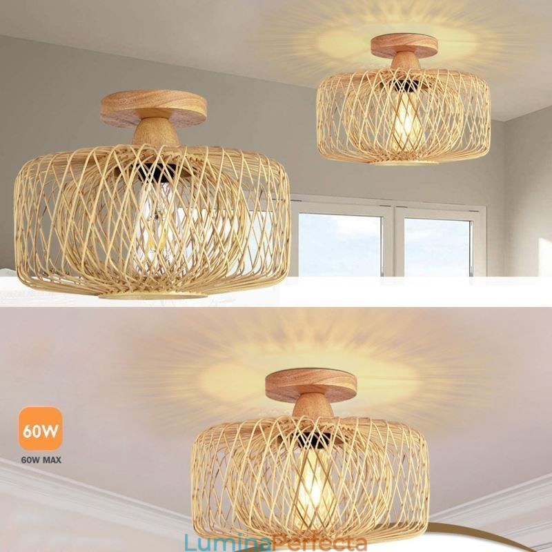 Plafoniera retro cu două straturi Plafoniera cu abajur din bambus țesut manual