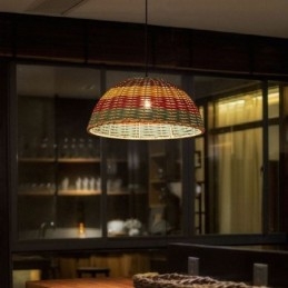 Lampă suspendată din bambus și ratan Lampă de tavan cu abajur de lampă țesut manual, cu intervale în dungi