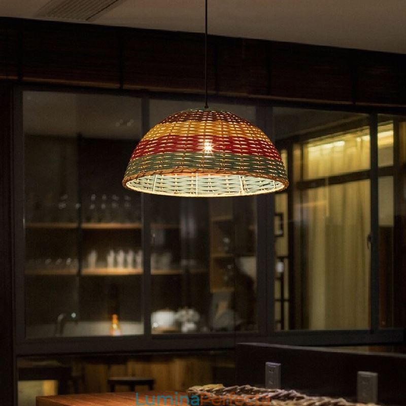 Lampă suspendată din bambus și ratan Lampă de tavan cu abajur de lampă țesut manual, cu intervale în dungi