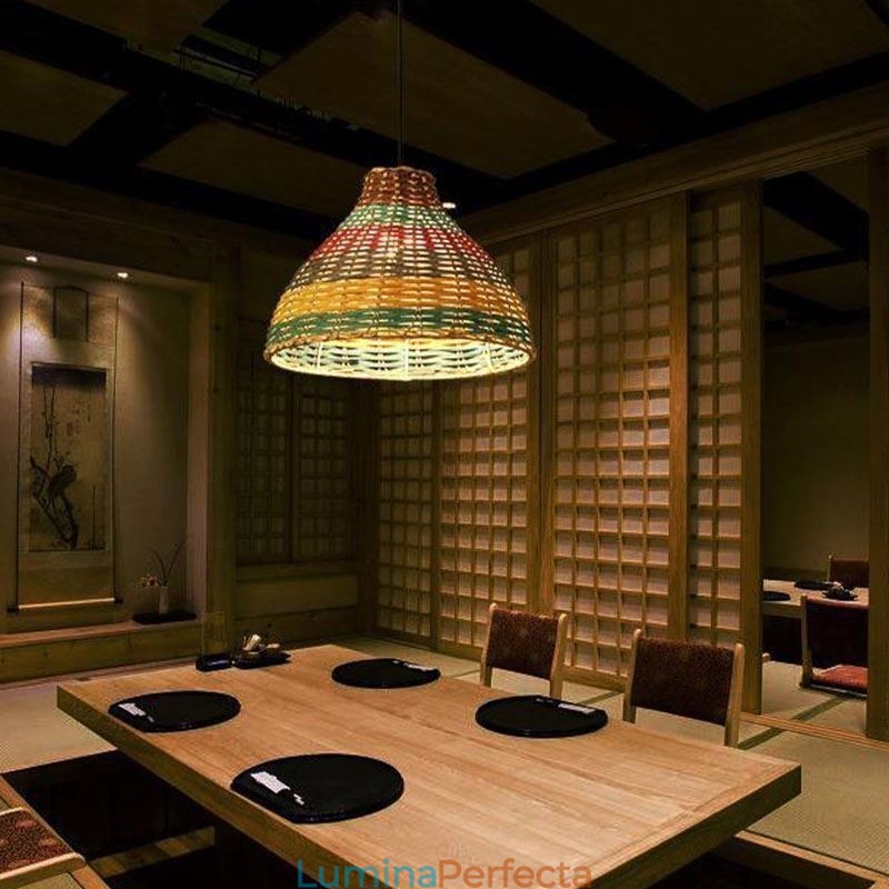 Lampă suspendată din bambus și ratan Lampă de tavan cu abajur de lampă țesut manual, cu intervale în dungi