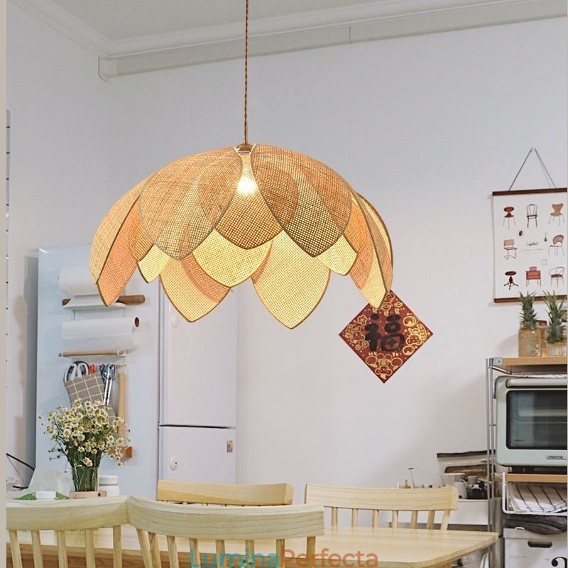 Rattan Lotus Pendant Light Cafe Retro Rattan Art Plafoniera