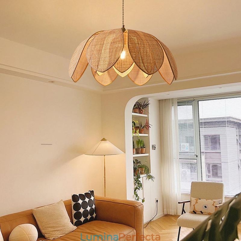 Rattan Lotus Pendant Light Cafe Retro Rattan Art Plafoniera