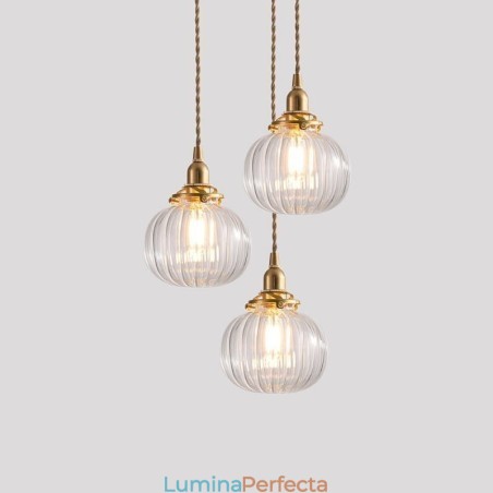 Lampă suspendată din sticlă, rotundă, cu nervuri, în formă de dovleac, 1 lumină Lampă suspendată din sticlă, rotundă, cu nervuri, în formă de dovleac, 1 lumină