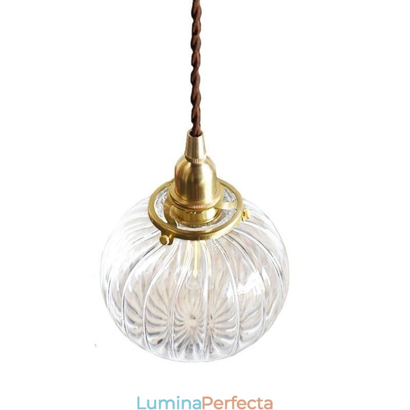 Lampă suspendată din sticlă, rotundă, cu nervuri, în formă de dovleac, 1 lumină