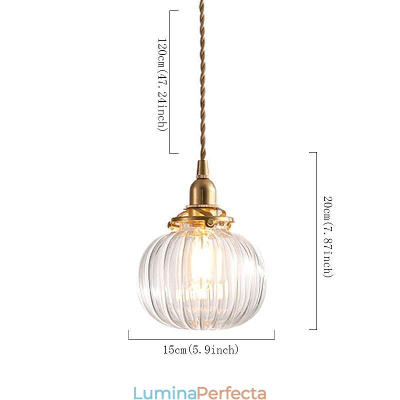 Lampă suspendată din sticlă, rotundă, cu nervuri, în formă de dovleac, 1 lumină