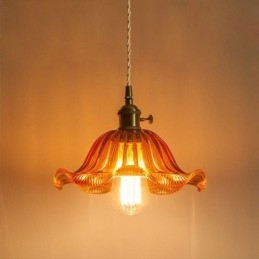 Lampă cu suspendare din sticlă cu nervuri, de epocă, cu abajur de flori, cu lumină de comutare