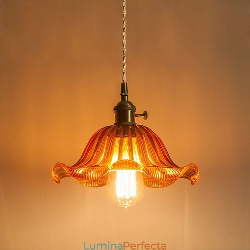 Lampă cu suspendare din sticlă cu nervuri, de epocă, cu abajur de flori, cu lumină de comutare