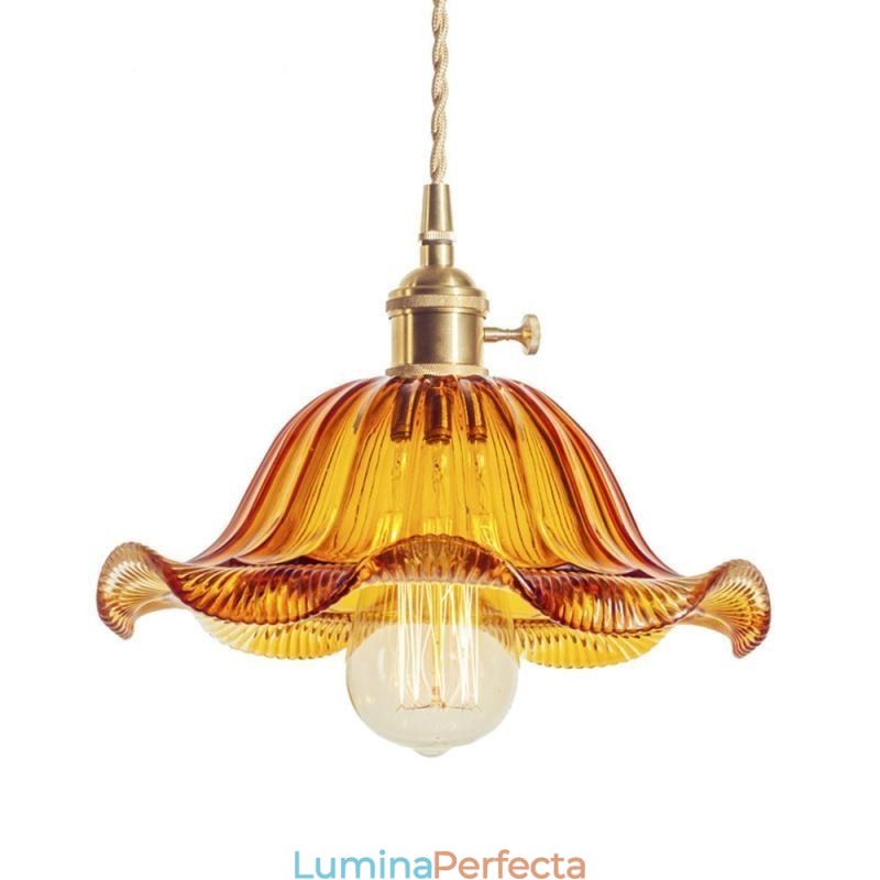 Lampă cu suspendare din sticlă cu nervuri, de epocă, cu abajur de flori, cu lumină de comutare