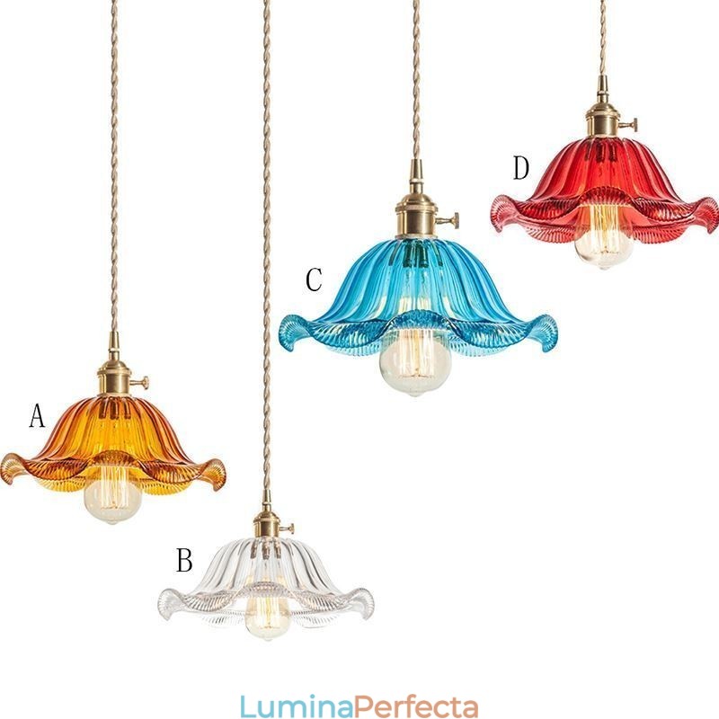Lampă cu suspendare din sticlă cu nervuri, de epocă, cu abajur de flori, cu lumină de comutare