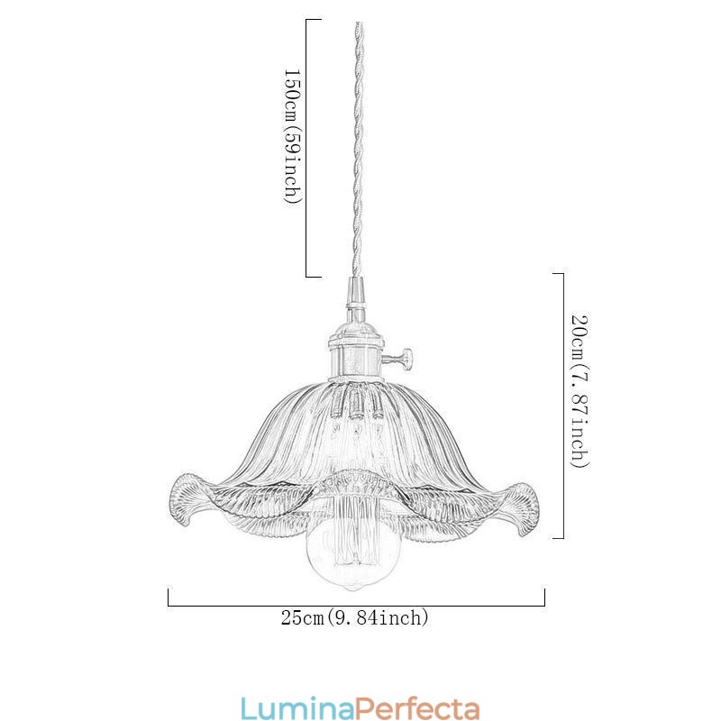 Lampă cu suspendare din sticlă cu nervuri, de epocă, cu abajur de flori, cu lumină de comutare