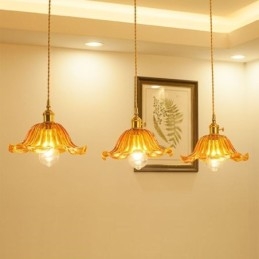 Lampă cu suspendare din sticlă cu nervuri, de epocă, cu abajur de flori, cu lumină de comutare