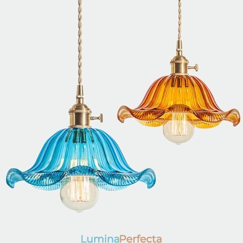 Lampă cu suspendare din sticlă cu nervuri, de epocă, cu abajur de flori, cu lumină de comutare