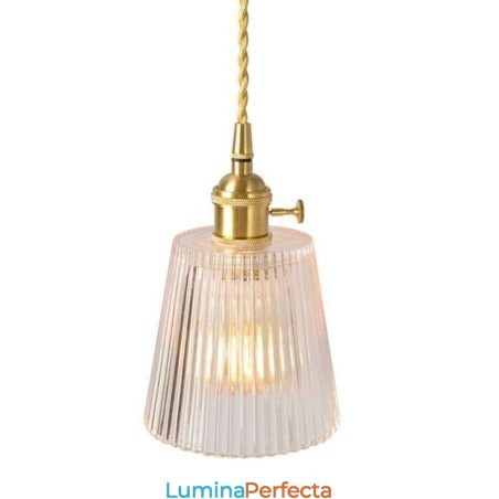 Abajur conic de suspendare din sticlă cu nervuri din alamă, cu întrerupător rotativ