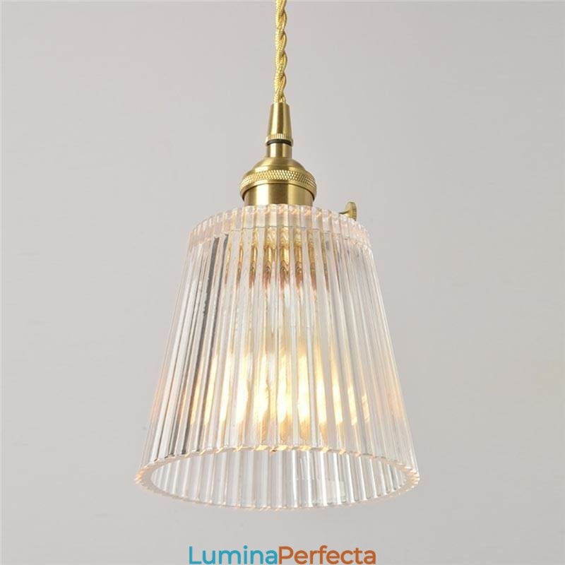 Abajur conic de suspendare din sticlă cu nervuri din alamă, cu întrerupător rotativ